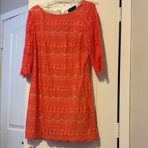 Ronni Nicole Vibrant Coral Lace Midi Dress